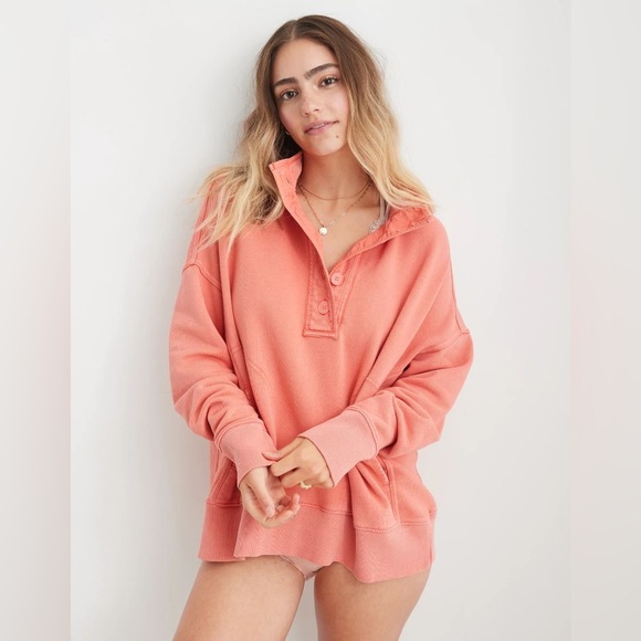 aerie Tops - Aerie The Good Times Oversized Henley Sweatshirt - Coral